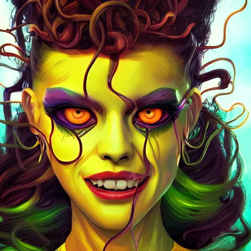 Prompt: medusa portrait painting, vibrtant, colorful, wicked grin, yellow cat eyes, artstation, detailed, blurred background