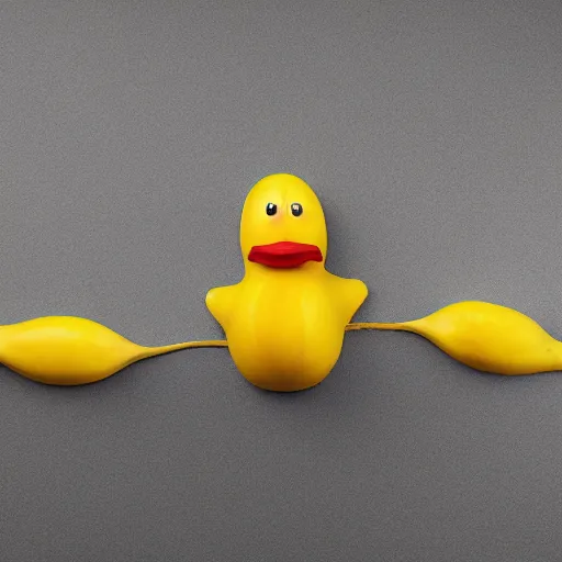 Prompt: banana duck 8k high resolution, super detailed peeled banana with duck beak and small dot eyes.