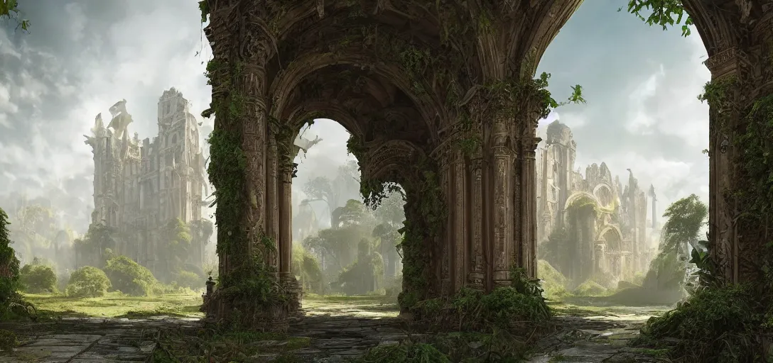 Image similar to gigantic palace, arches adorned pillars, towers, archways, gnarly trees, lush vegetation, forrest, landscape, raphael lacoste, eddie mendoza, alex ross, concept art, matte painting, highly detailed, rule of thirds, dynamic lighting, cinematic, detailed, denoised, centerd