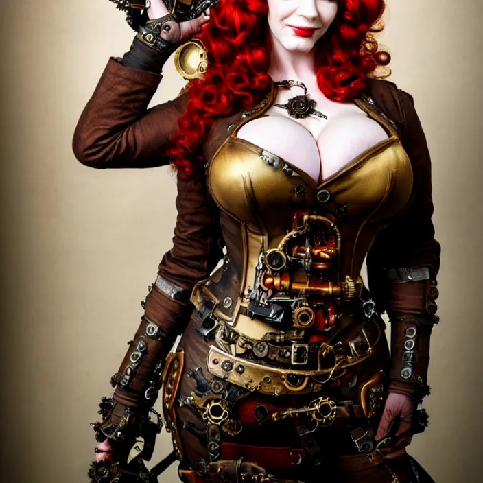 Prompt: full length photograph of a real-life christina hendricks as a steampunk warrior, Extremely detailed. 8k