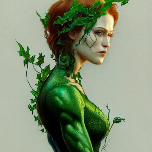 Image similar to full figure ultra realistic illustration, evan rachel wood as poison ivy, intricate, elegant, highly detailed, digital painting, artstation, concept art, smooth, sharp focus, illustration, art by artgerm and greg rutkowski and alphonse mucha