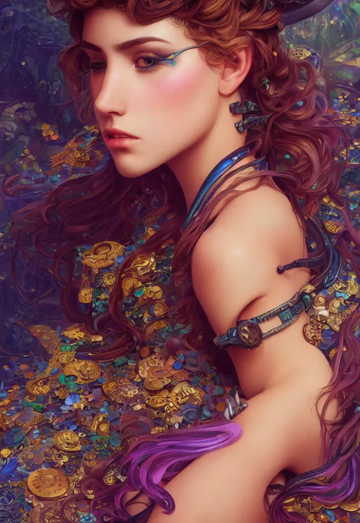 Image similar to beautiful, young woman, detailed gorgeous face, magical, steampunk, vaporwave aesthetic, synthwave, colorful, psychedelic, artstation, concept art, smooth, extremely sharp detail, finely tuned detail, ultra high definition, 8 k, unreal engine 5, ultra sharp focus, illustration, art by artgerm, greg rutkowski and alphonse mucha