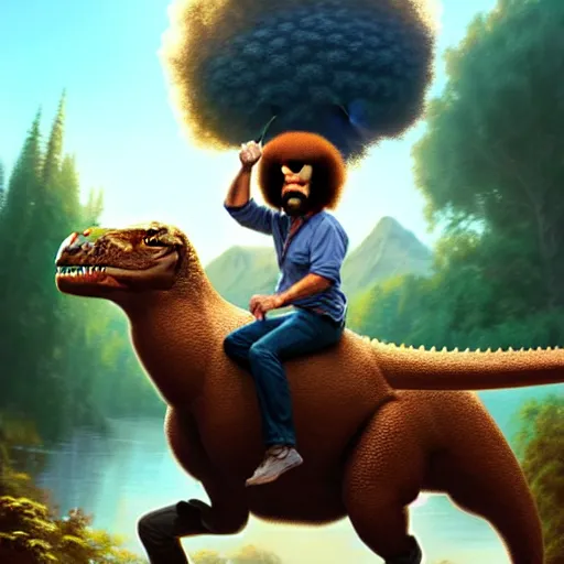 Image similar to bob ross!!! riding! a dinosaur!!, giant afro!, model pose, ultra realistic, concept art, intricate details, highly detailed, photorealistic, octane render, 8 k, unreal engine. art by artgerm and greg rutkowski and alphonse mucha