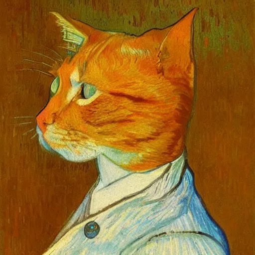 Image similar to a portrait of a ginger orange cat with it's whole head visible, wearing a light blue suit, by Vincent Van Gogh