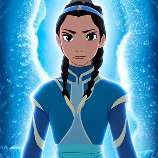 Prompt: A portrait of Katara of the Southern Water Tribe from Avatar the Last Airbender in the movie Frozen (2013), medium shot, mid-shot, hyperdetailed, 8k,