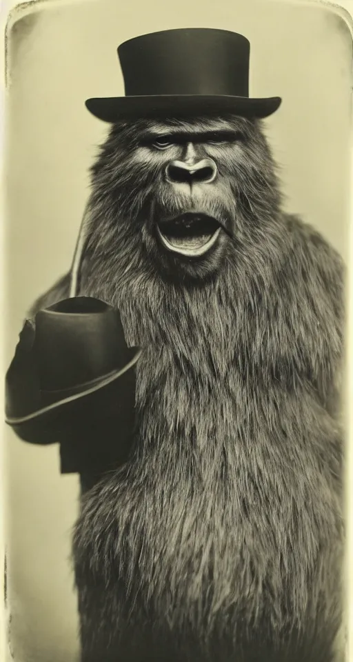 Prompt: a vintage wet plate portrait of a dignified bigfoot with a top hat and cane, extremely detailed, by yousuf karsh!!!!!!!!!!!!!!!!!!
