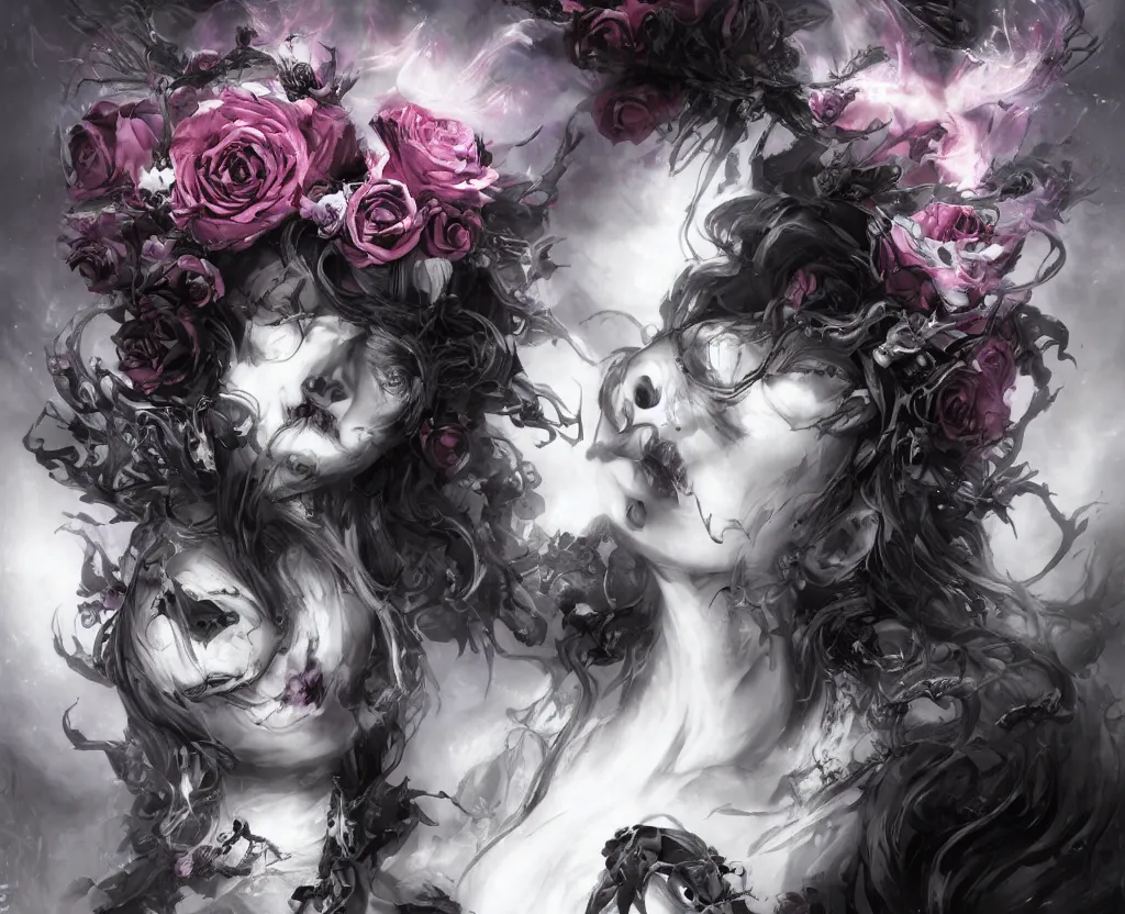 Image similar to a chaotic goddess of death skull black rose s day of the dead atmospheric, dramatic, concept art by a professional manga illustrator, Stanley Artgerm Lau, WLOP, Rossdraws, James Jean, Andrei Riabovitchev, Marc Simonetti, and Sakimichan hyperrealist, cinema4D, 8k highly detailed ❤️‍🔥 🔥 💀 🤖 🚀