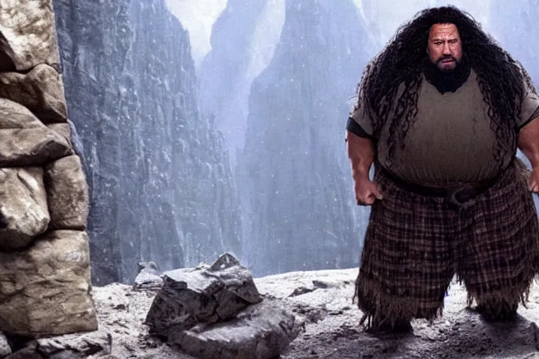 Prompt: film still of Dwayne Johnson as Hagrid in his cabin in Harry Potter movie 2001, 4k