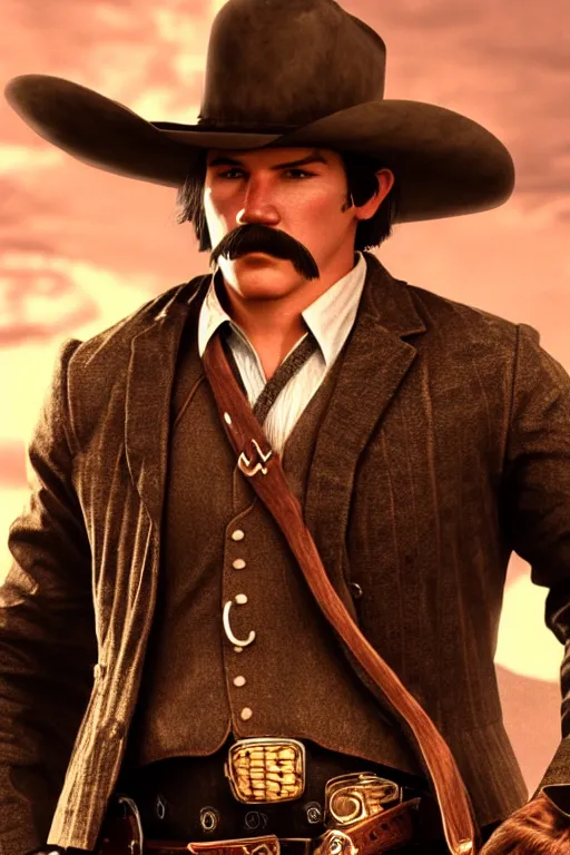 Image similar to highly photorealistic render of young val kimer as wyatt earp from tombstone set against a western town, intricate detail, attention to details, realistic color scheme, volumetric lighting