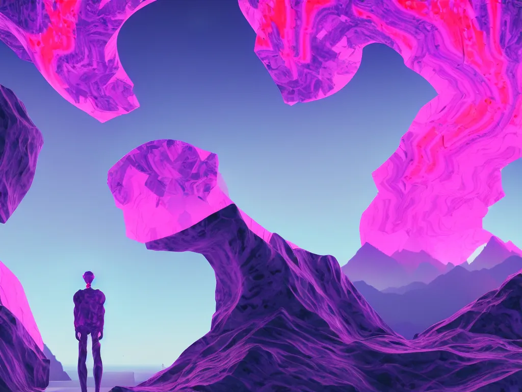 Image similar to manikin made of marble, fractal neon explosion revealing a portal to a vaporwave paracosm, mountains in background, introspective, cinematic, rule of thirds, clean linework, dramatic, award winning, 4 k, trending on artstation, photorealistic, volumetric lighting, octane render