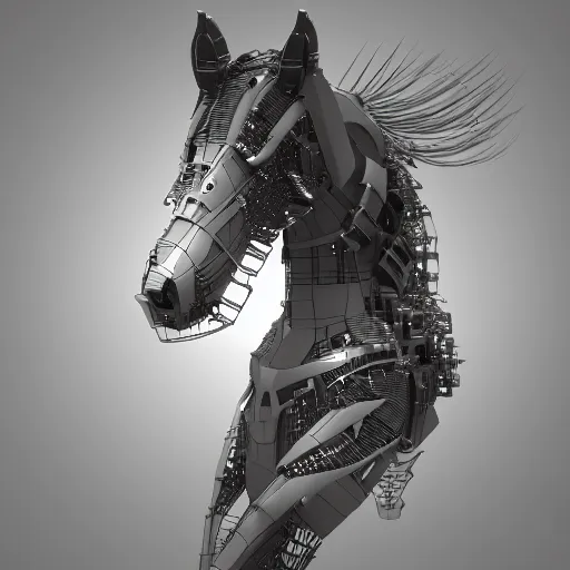 Image similar to a cybernetically enhanced horse, digital art, 3 d render, blender,