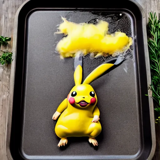 Image similar to roasted spatch pikachu in a baking tray with rosemary and thyme, cooking oil, steam, charred, ready to eat, electric sparks