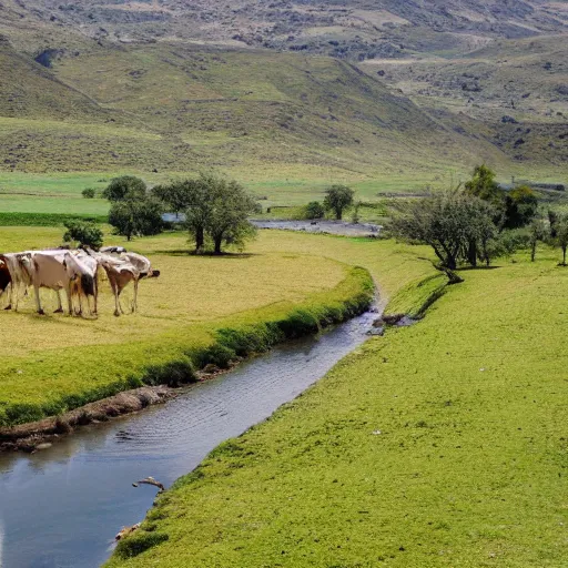 Image similar to landscape, river made of karak, with cows grazing, wide shot, photo