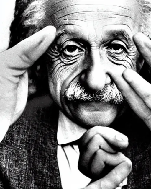 Prompt: an realistic photo of Albert Einstein holding an open hand with seven fingers, palm visible