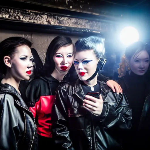 Image similar to photograph of a retro techwear female group near the bar of a packed busy rundown nightclub, lots of people, sharp and sparkly masks, retrofuturism, brutalism, cyberpunk, sigma 85mm f/1.4, 15mm, 35mm, tilted frame, long exposure, 4k, high resolution, 4k, 8k, hd, wide angle lens, highly detailed, full color, harsh light and shadow, diverse