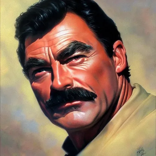Prompt: ultra realistic portrait painting of tom selleck, art by frank frazetta, 4 k, ultra realistic, highly detailed, epic lighting