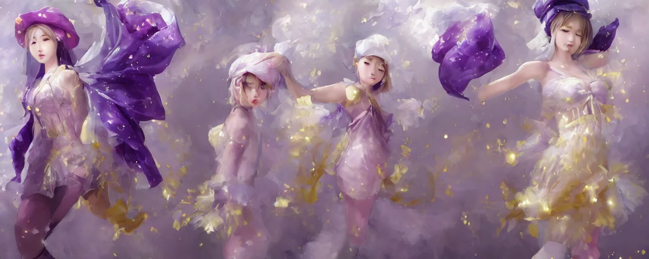 Image similar to Full View of a mysterious kpop fairy maidens with short blond hair wearing an oversized purple Beret, Baggy Purple overall shorts, Short Puffy pants made of silk, silk shoes, a big billowy scarf, Golden Ribbons, white leggings Covered in stars. Short Hair. peasant magic. masterpiece 4k digital illustration by Ruan Jia and Mandy Jurgens and Artgerm and william-adolphe bouguereau, award winning, Artstation, art nouveau aesthetic, Alphonse Mucha background, intricate details, realistic, panoramic view, Hyperdetailed, 8k resolution, intricate art nouveau