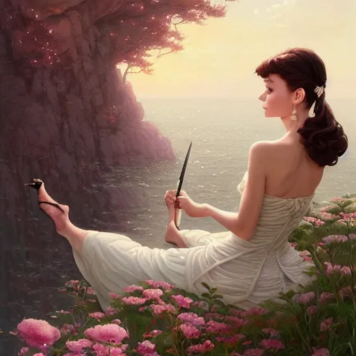 Prompt: audrey hepburn in an epic romance novel, various backgrounds, intricate, elegant, highly detailed, digital painting, artstation, matte, illustration, art by artgerm, greg rutkowski, loish, rhads, ferdinand knab, makoto shinkai, lois van baarle, ilya kuvshinov, rossdraws, tom bagshaw