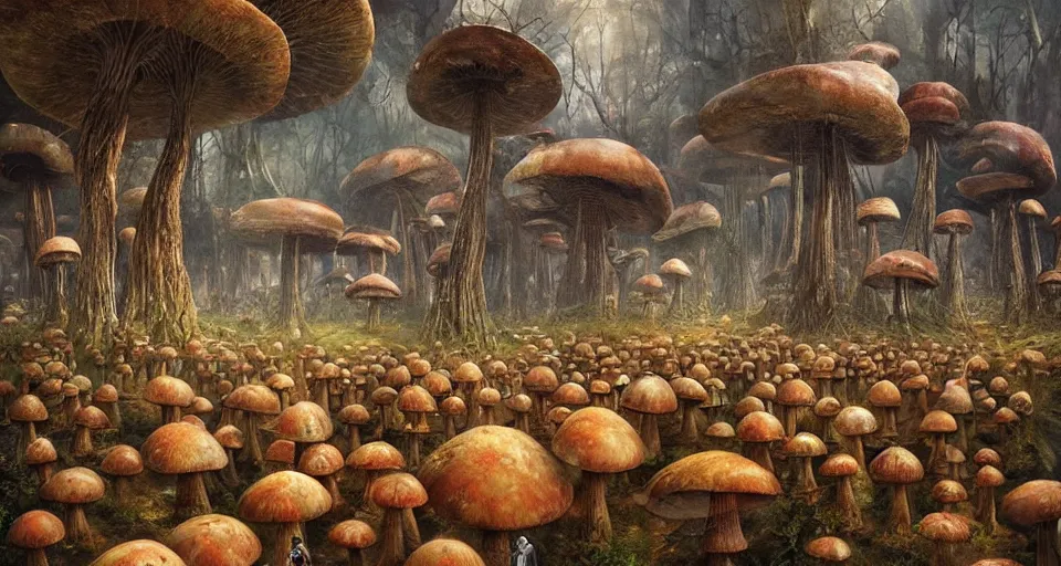 Image similar to A tribal village in a forest of giant mushrooms, by Karol Bak, by Gainax Co,