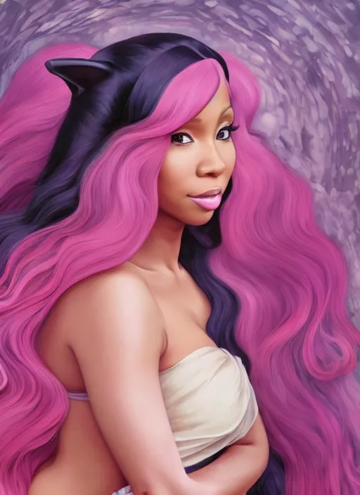 Image similar to nicki minaj in a cat suit with long curly pink hair, path traced, highly detailed, high quality, digital painting, by studio ghibli and alphonse mucha, leesha hannigan, makoto shinkai, disney