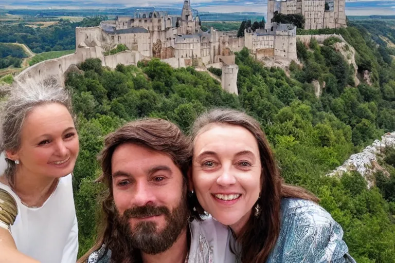 Prompt: selfie from a mobile phone of jesus and mary magdalene standing on a cliff looking over a beautiful landscape with castles in france, award winning photo, very detailed, very realistic