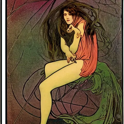 Image similar to a girl with a spider, colored woodcut, flat pastel colors, by Mackintosh, by Alfons Mucha, art noveau, by Gustave Dorè