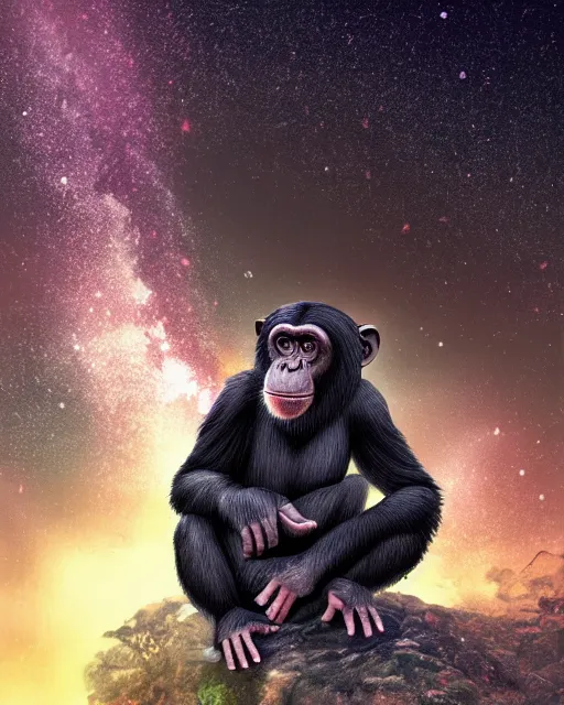 Prompt: very detailed high resolution illustration of a mystical chimpanzee, backlit, stars, night, surrounded, 3 d, 8 k, extremely detailed, artstation, award winning