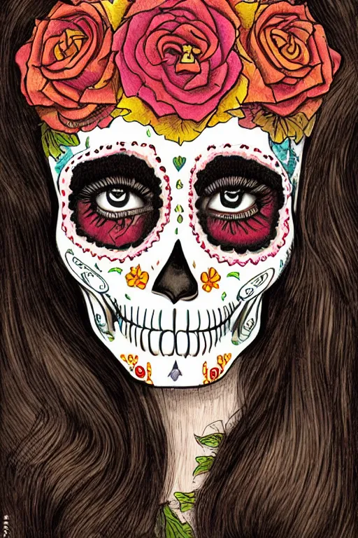 Image similar to illustration of a sugar skull day of the dead girl, art by antoine verney carron