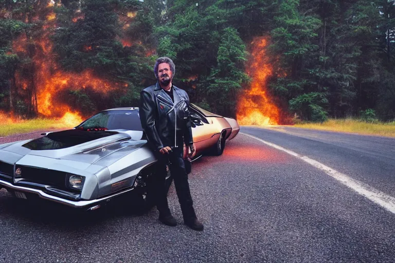 Prompt: close up of micheal knight wearing biker jacket standing next to pontiac firebird trans - am with black paint, sunrise, eerie light, fireflies, dramatic, cinematic, forest, horror, sunbeams, volumetric lighting, wide shot, low angle, lightning storm hitting the car