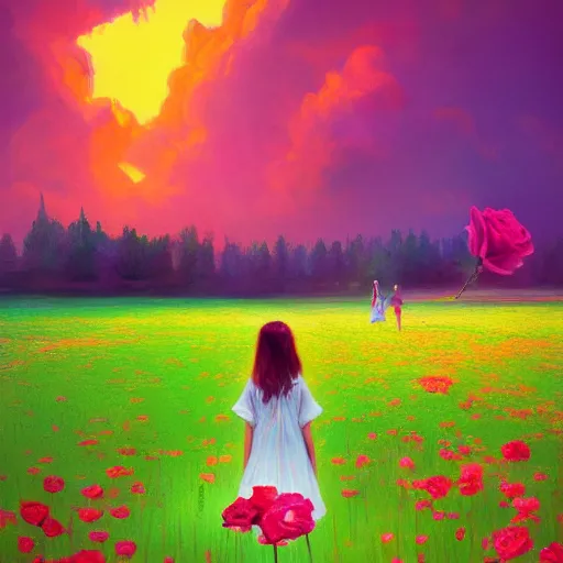 Prompt: large rose face, girl floating in a flower field, surreal photography, sunrise dramatic light, impressionist painting, colorful clouds, digital painting, artstation, simon stalenhag