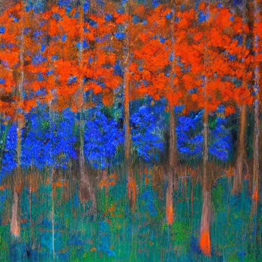 Prompt: a blue and orange forest, four seasons