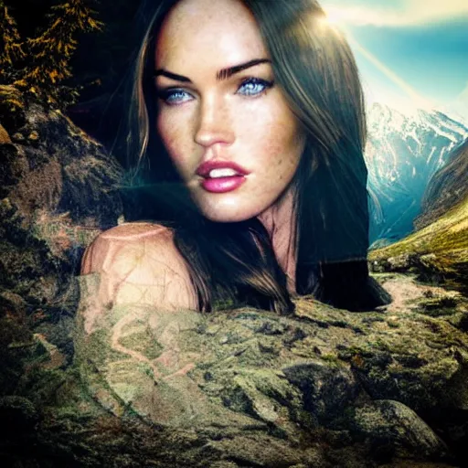 Image similar to double - exposure effect of megan fox face in beautiful mountains, in the style of dan mountford, amazing detail