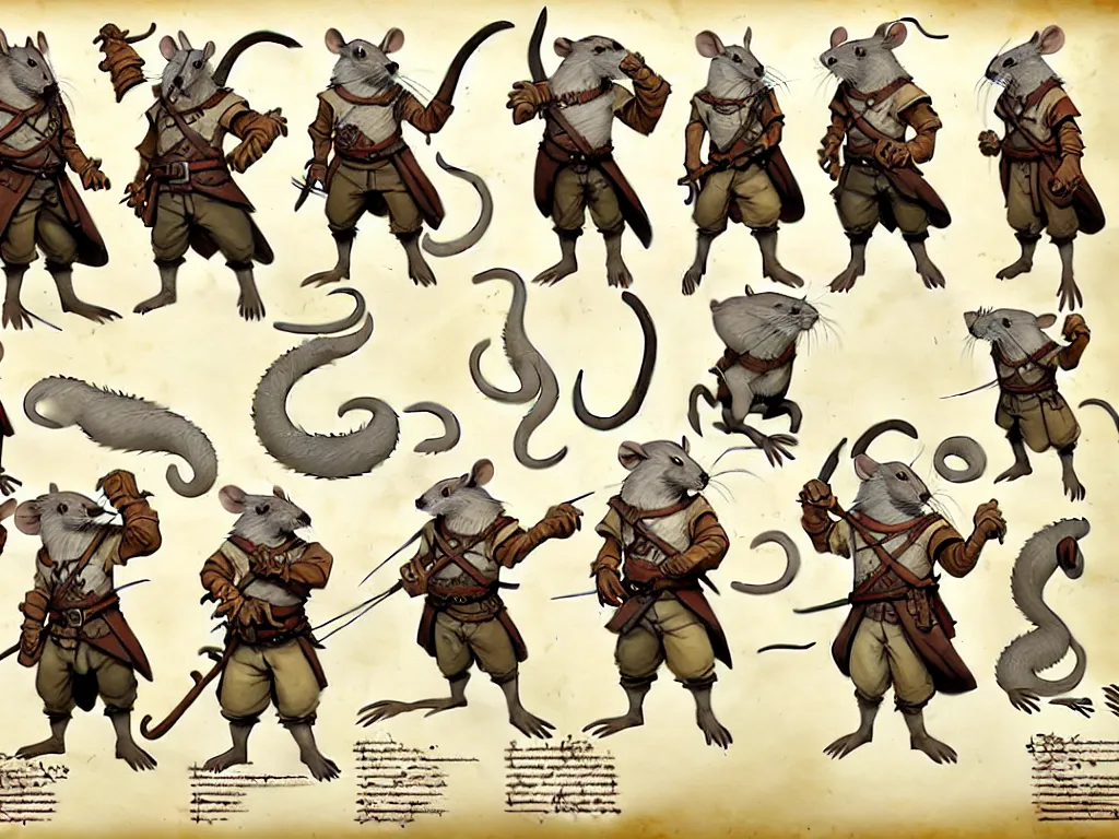 Image similar to character design sheet for a group of heroic rat pirates on a parchment background, redwall, greg rutowski and jean baptiste monge, very very detailed, epic fantasy concept art