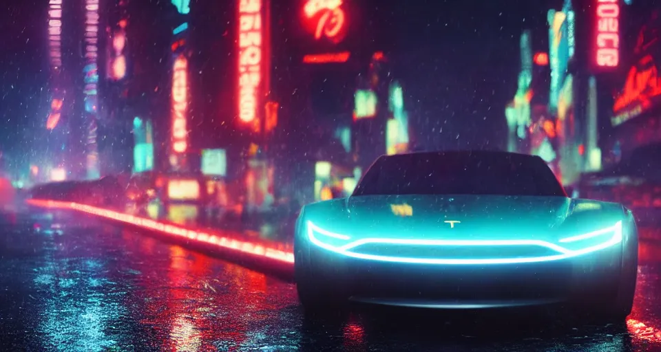 Prompt: close up macro shot of a tron tesla car on wet city street at night, intricate, hyper detailed, smooth, high contrast, neon, volumetric lighting, octane, moebius, greg rutkowski, blade runner, ripley scott, cindmatic