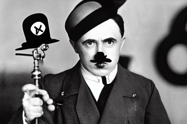 Prompt: Adolf Hitler as Charlie Chaplin in 'My Chap Chaplin' (2024), movie still frame, promotional image, imax 70 mm footage, oscar nominated cinematography, volumetric lighting, 8k resolution