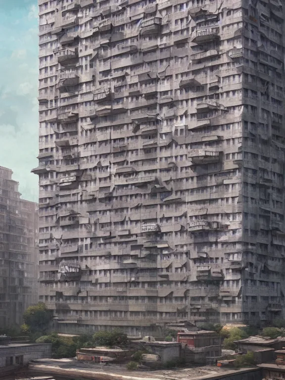 Image similar to A highly detailed matte painting of Soviet apartment building by Studio Ghibli, Makoto Shinkai, by Artgerm, by WLOP, by Greg Rutkowski, volumetric lighting, octane render, 4K resolution, trending on artstation, masterpiece