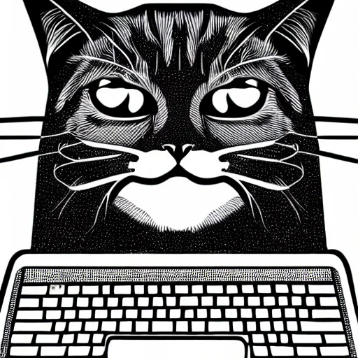 Prompt: vector illustration of a grumpy looking cat looking at me, the cat is sitting on the keyboard of a laptop, digital art, cute, illustration, vector
