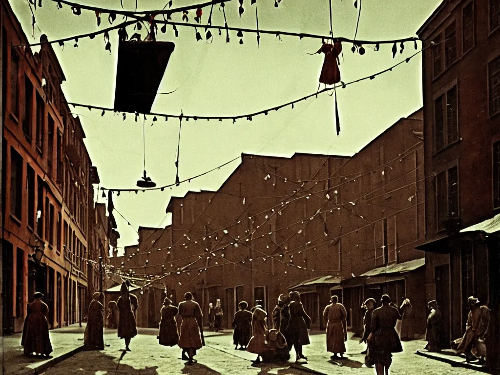 Prompt: 1 9 4 0 s street scene, digital art, cinematic, happy, good, rembrandt lighting, clothes line hanging from building to building