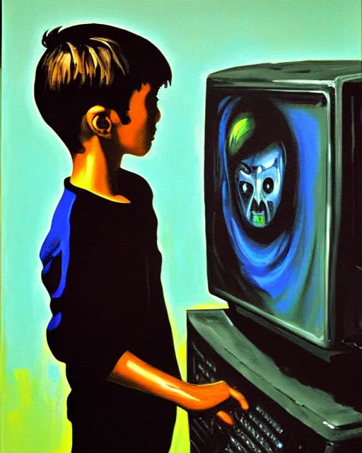 Image similar to expressive painting of a an 8 years old enlightened and scared boy standing in front of an old computer with a game doom2 at the monitor screen painted by Adrian Ghenie, by Gerhard Richter and Marlene Dumas.