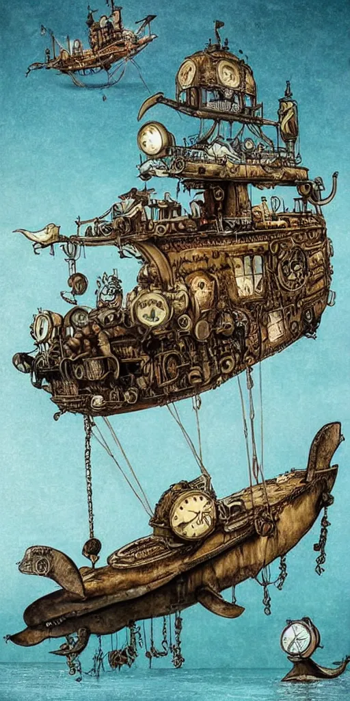 Prompt: a vintage steampunk living whale submarine by alexander jansson and leonardo da vinci