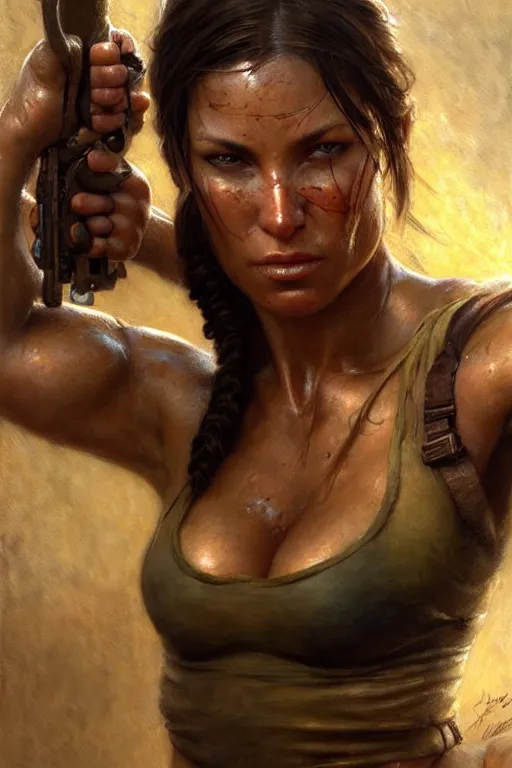 Image similar to muscular sweat lara croft, exhausted face close up, highly detailed painting by gaston bussiere, craig mullins, j. c. leyendecker 8 k