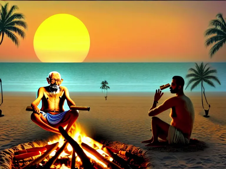 Image similar to gandhi sitting on a beach next to a campfire with palm trees in the back, holding a cigar, sunset, surrounded by different animals, parrots, turtle, lizard, crab, coconuts,, glorious lighting, epic environment, highly detailed, digital art, hyper realistic, beautiful, 8 k, trending on deviantart