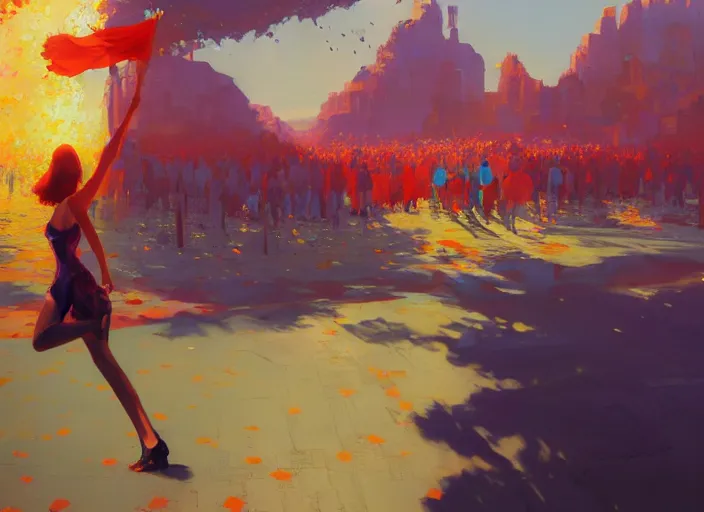 Image similar to gorgeous bright girl waving a red flag over her head running through Mandelbrot fractal crowd by Craig Mullins, ilya kuvshinov, krenz cushart, artgerm trending on artstation by Edward Hopper and Dan Mumford and WLOP and Rutkovsky, Unreal Engine 5, Lumen, Nanite