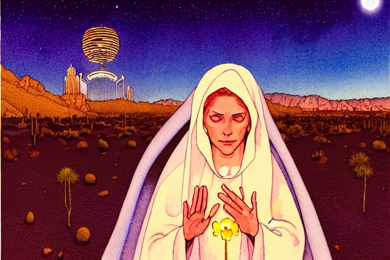 Image similar to a hyperrealist watercolour character concept art portrait of the blessed mother of guadalupe, glowing on well lit night in las vegas, nevada. there is a ufo in the background. desert elements. flowers adorn. beautiful gradients. by rebecca guay, michael kaluta, charles vess and jean moebius giraud