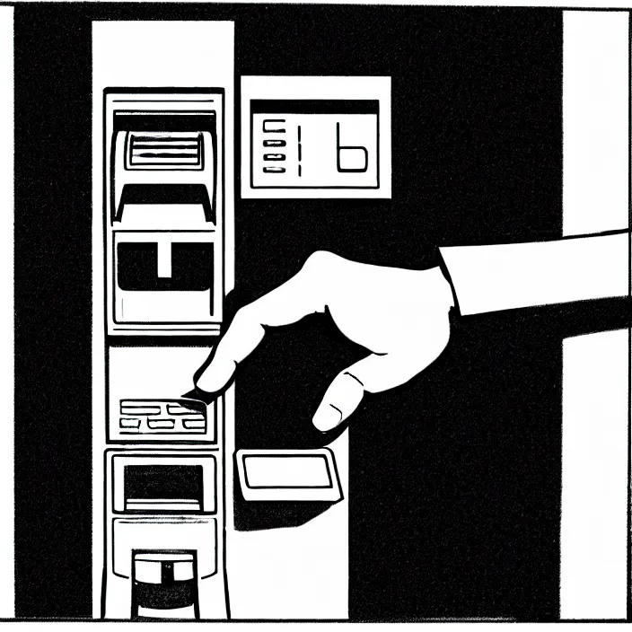 Image similar to a closeup of a hand inserting a card into a slot in an atm in a black - tiled wall. black and white, pencil and ink. by gabriel hardman, joe alves, chris bonura. cinematic atmosphere, detailed and intricate, perfect anatomy