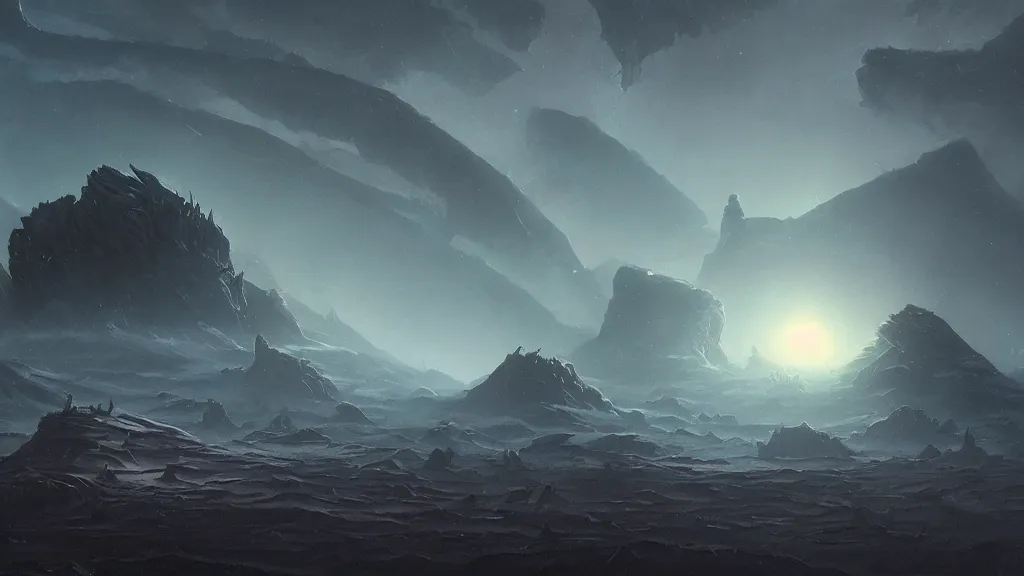 Image similar to eerie atmospheric alien planet by les edwards and vincent di fate and anato finnstark, epic cinematic matte painting