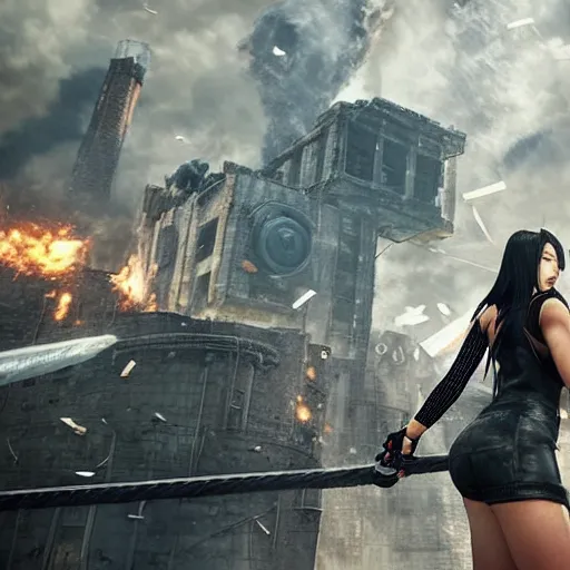 Image similar to a giant giga sized tifa from final fantasy 7 remake having fun destroying a city while smiling, digital art, octane render, award winning, very detailed, full body portrait, 3d render, detailed facial expressions, destroyed city, 4k destruction, fire, video game art, no text, ray tracing