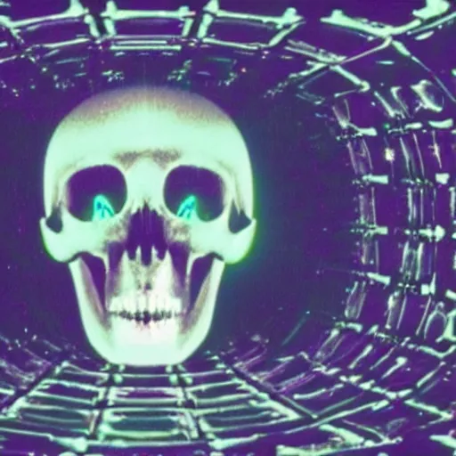 Image similar to glowing alien skull, 1 9 6 0 s, color bleed, video compression, video glitch, monochrome, akira kurosawa, mamoru oshii, wes anderson, stanley kubrick