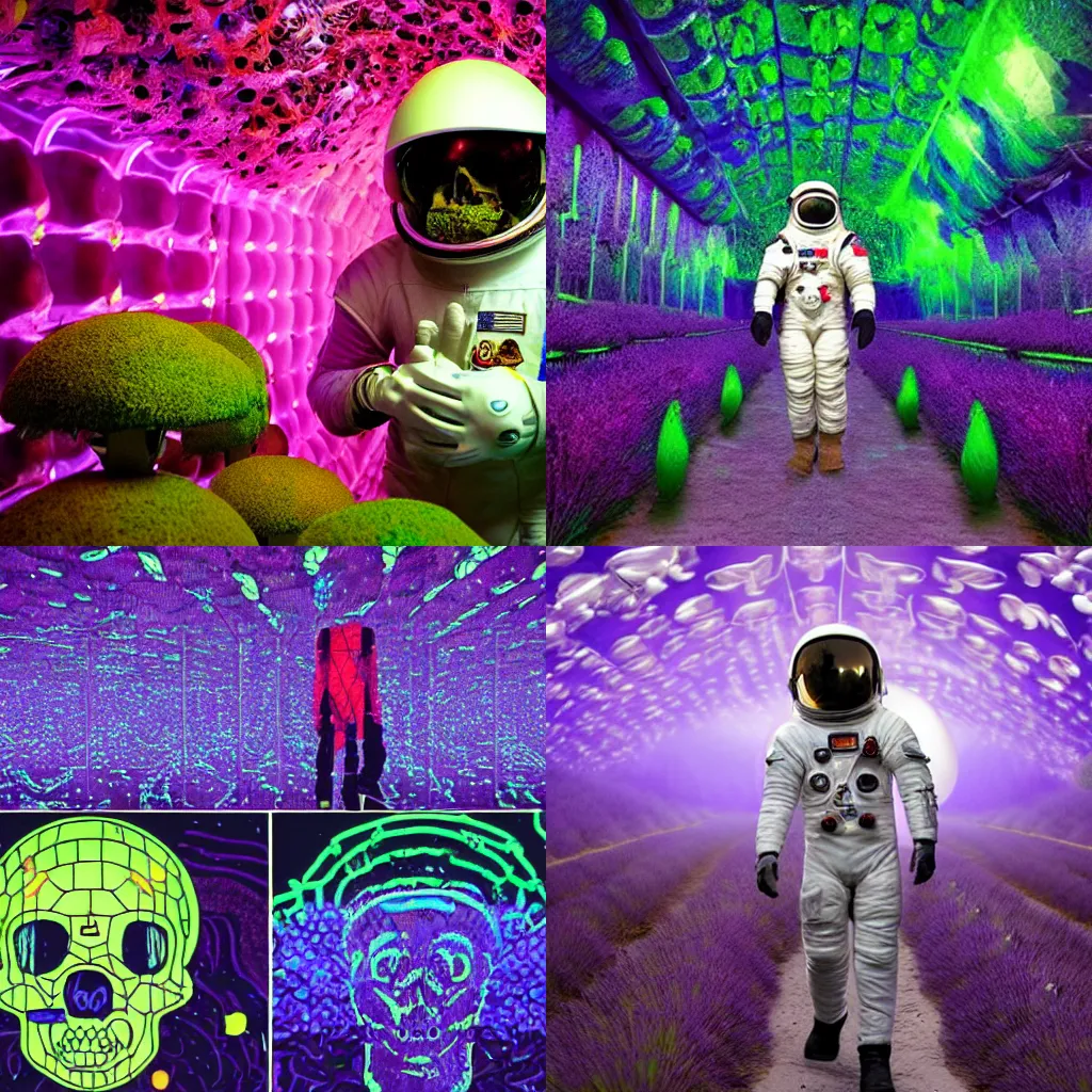 Prompt: an astronaut with mushrooms growing through helmet, walking through a crystal forest of geometrical neon lavender, skulls made of algae