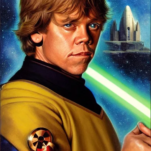 Prompt: a portrait of luke skywalker in a starfleet uniform star trek chief engineer harry potter wand. detailed face highly detailed painting by gaston bussiere craig mullins jc leyendecker gustav klimt artgerm greg rutkowski